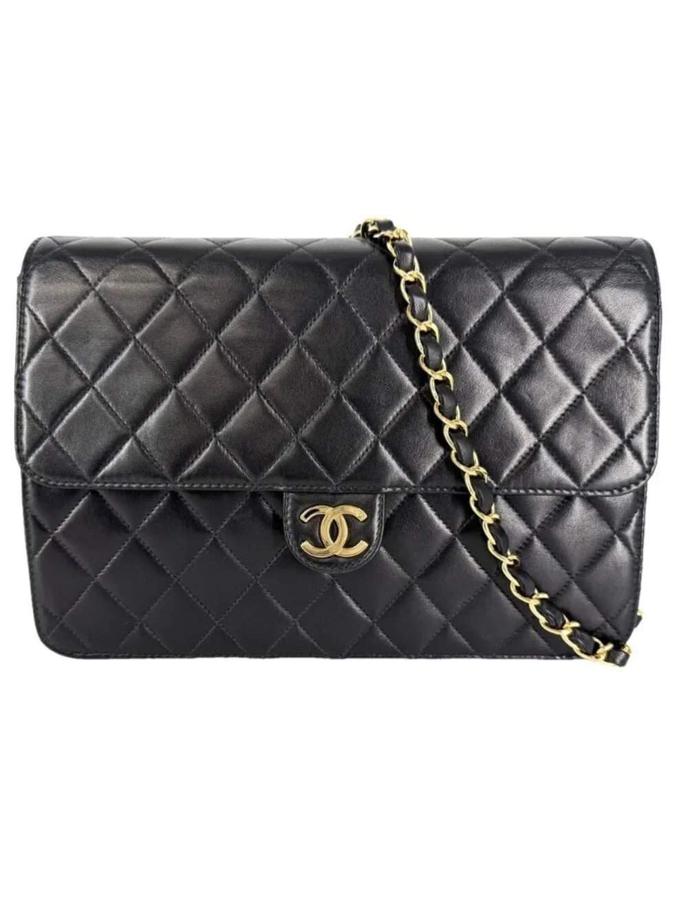 Chanel Shoulder Bag Quilted CC Logo Push Lock Crossbody Lambskin Black Gold